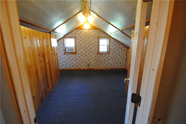 9221 Health St, North Dansville, NY 14437 - bonus room featuring carpet floors, cooling unit, vaulted ceiling, and wallpapered walls