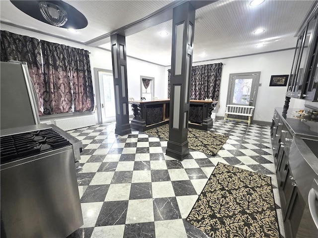 408 W Water St, Elmira-City, NY 14905 - kitchen featuring recessed lighting, dark cabinetry, dark floors, baseboards, and ornate columns