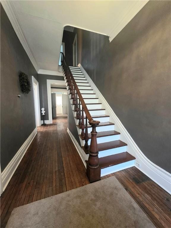 408 W Water St, Elmira-City, NY 14905 - stairway with hardwood / wood-style floors, baseboards, and ornamental molding
