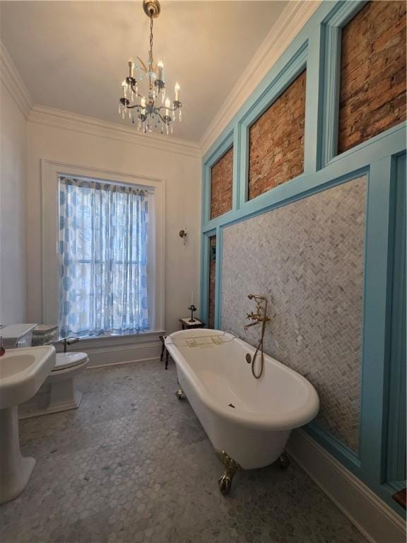 408 W Water St, Elmira-City, NY 14905 - full bath with toilet, crown molding, a freestanding tub, and a chandelier