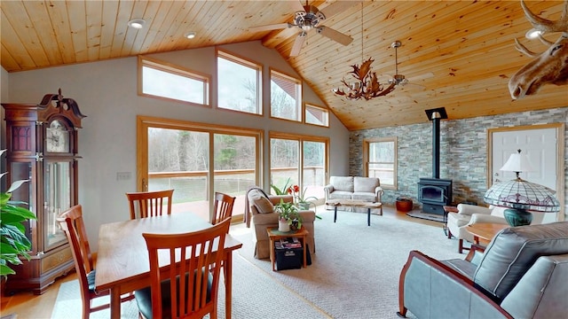 interior space with a wood stove, a ceiling fan, high vaulted ceiling, and wood ceiling