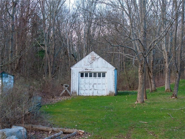 garage with a wooded view