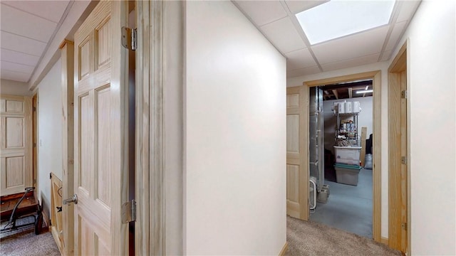 corridor with a paneled ceiling and carpet flooring