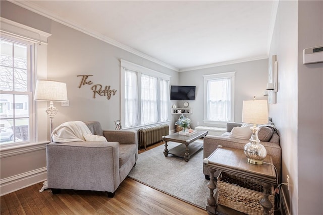 living room featuring radiator heating unit, crown molding, baseboards, and wood finished floors