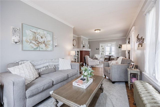 living room with ornamental molding, radiator heating unit, and wood finished floors