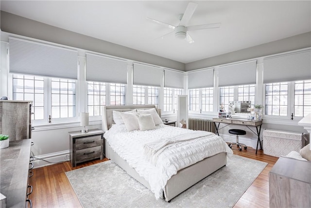 bedroom with radiator, a ceiling fan, wood finished floors, and multiple windows