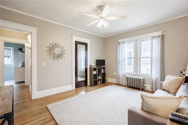 sitting room featuring a wealth of natural light, radiator heating unit, light wood-style floors, and baseboards