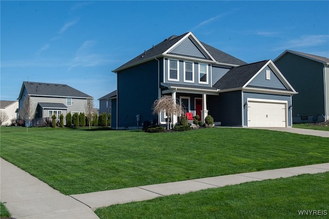 craftsman inspired home featuring an attached garage, a porch, a front lawn, and concrete driveway