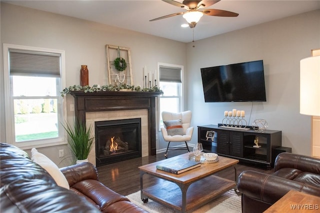 living room featuring ceiling fan, a warm lit fireplace, a healthy amount of sunlight, and wood finished floors