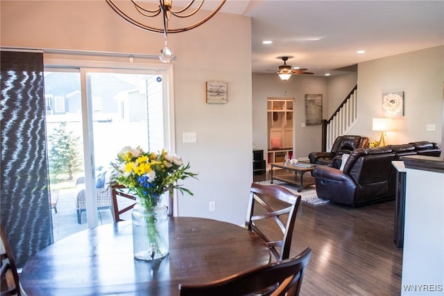 dining area featuring recessed lighting, stairway, ceiling fan, and wood finished floors
