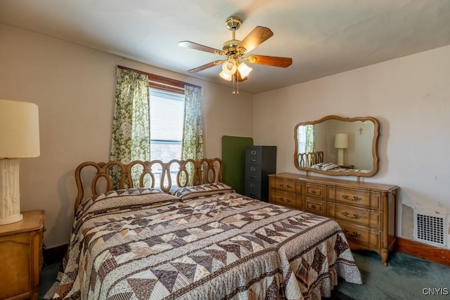 bedroom with visible vents, a ceiling fan, and light carpet