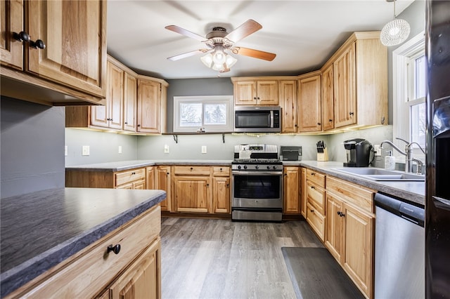 kitchen featuring light brown cabinets, a sink, dark wood-type flooring, appliances with stainless steel finishes, and ceiling fan