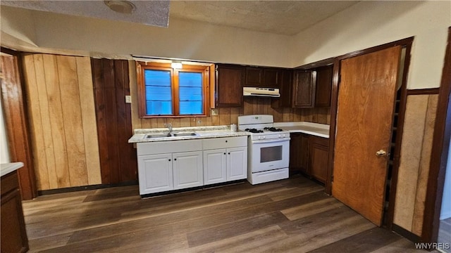 86 Roehrer Ave, Buffalo, NY 14208 - kitchen featuring a sink, white gas range oven, light countertops, dark wood finished floors, and under cabinet range hood