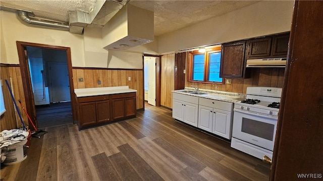 86 Roehrer Ave, Buffalo, NY 14208 - kitchen with white range with gas cooktop, light countertops, a sink, and dark wood-type flooring
