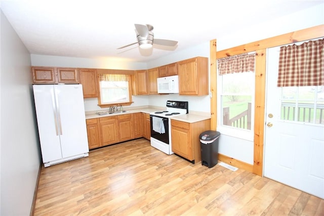 kitchen with light countertops, a sink, white appliances, baseboards, and light wood-style flooring