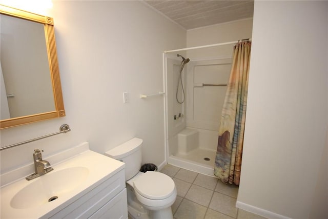 full bath featuring vanity, baseboards, toilet, tile patterned flooring, and a shower with shower curtain