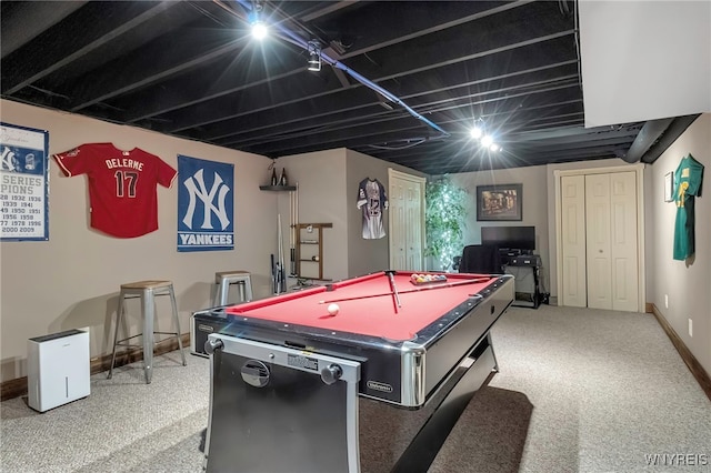 rec room with carpet flooring, pool table, and baseboards