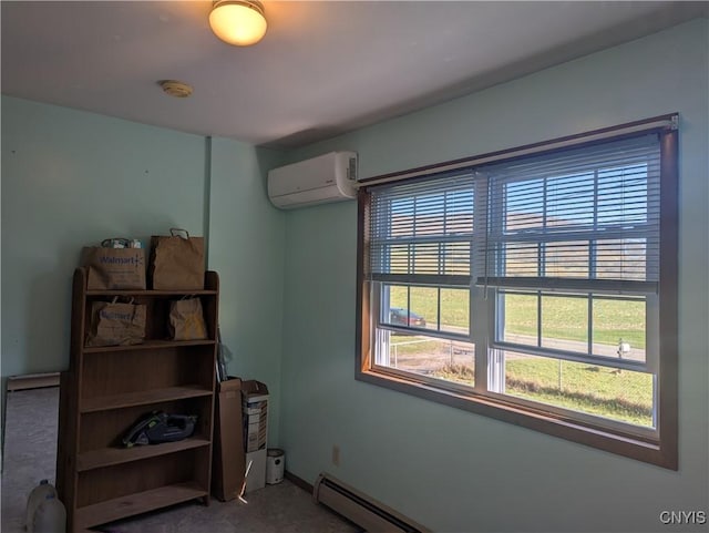 unfurnished room with a baseboard radiator and a wall mounted AC