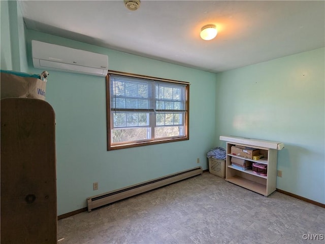 bedroom with a baseboard radiator, baseboards, and a wall mounted AC