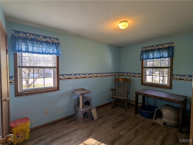 playroom with baseboards and wood finished floors