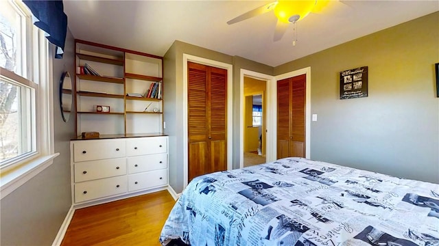 bedroom featuring baseboards, multiple windows, and wood finished floors