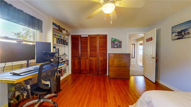 office space featuring ceiling fan, baseboards, and wood finished floors