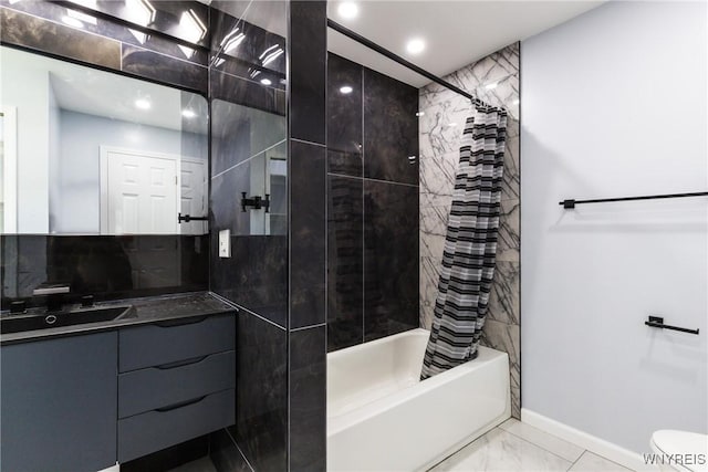 full bath featuring vanity, baseboards, recessed lighting, marble finish floor, and shower / bath combination with curtain