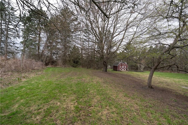 view of yard with an outbuilding and a shed