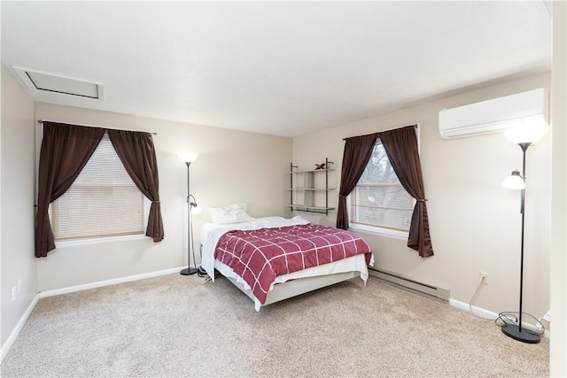 carpeted bedroom featuring a baseboard heating unit, baseboards, and a wall mounted AC
