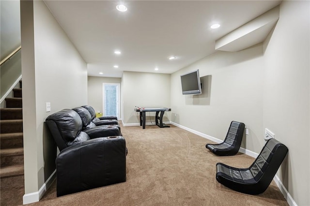 5 Ponds Edge Way, Pittsford, NY 14534 - living area with baseboards, carpet flooring, stairs, and recessed lighting