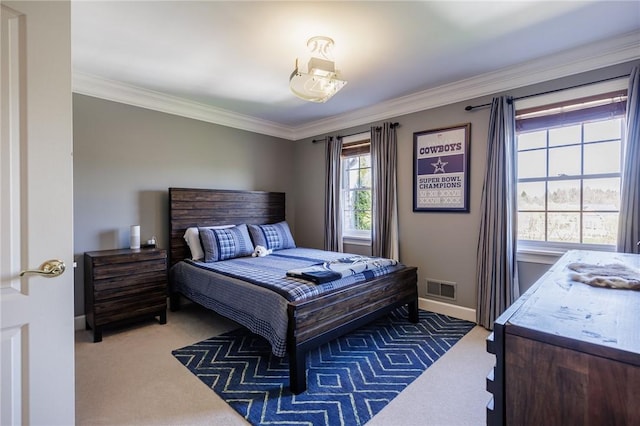 5 Ponds Edge Way, Pittsford, NY 14534 - carpeted bedroom with baseboards, visible vents, and crown molding
