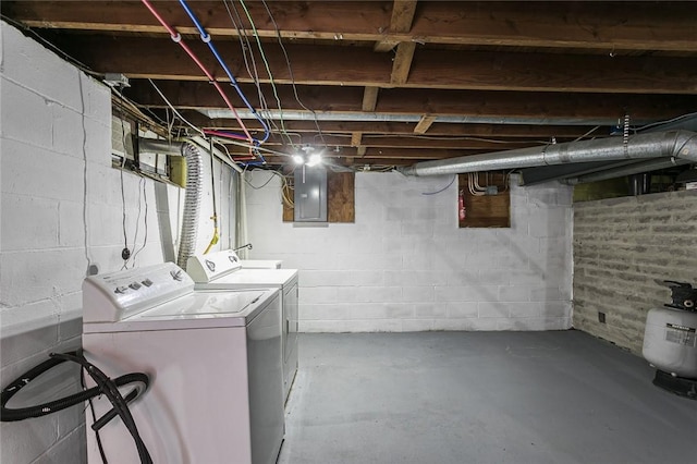 unfinished basement with electric panel and washer and dryer