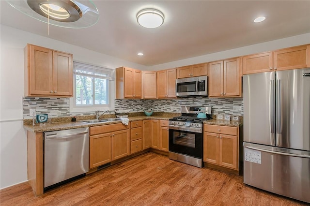 kitchen featuring backsplash, stainless steel appliances, light wood finished floors, and a sink