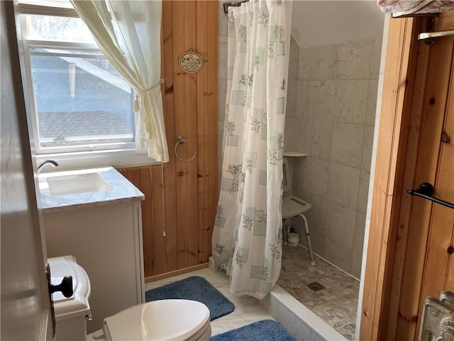 bathroom featuring a shower stall, toilet, and vanity