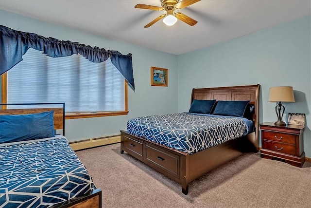 carpeted bedroom with a baseboard radiator and ceiling fan