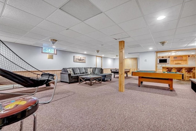 recreation room featuring carpet, visible vents, a drop ceiling, and billiards