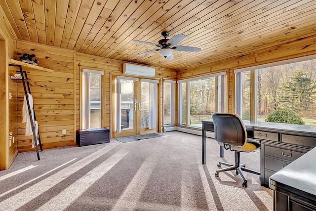office with wooden walls, carpet flooring, and a wall unit AC