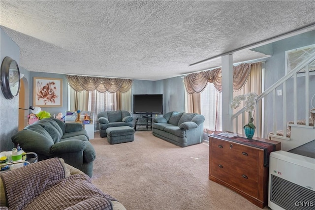 19 Whig Hill Rd, West Monroe, NY 13167 - living room with carpet, a textured ceiling, stairway, and heating unit