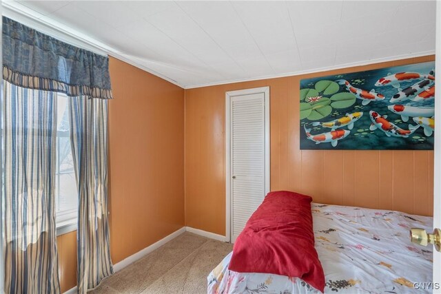 19 Whig Hill Rd, West Monroe, NY 13167 - bedroom featuring carpet floors, ornamental molding, baseboards, wooden walls, and a closet