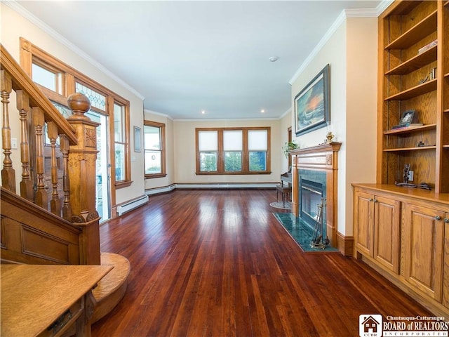 unfurnished living room featuring a fireplace, a baseboard radiator, crown molding, and dark wood-style floors