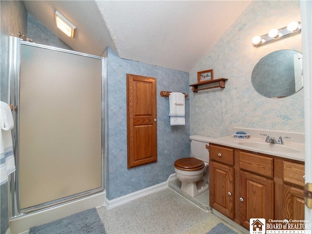 full bath with wallpapered walls, vaulted ceiling, a shower stall, and toilet