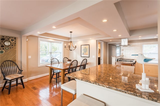 kitchen featuring plenty of natural light, ventilation hood, light wood finished floors, and a raised ceiling
