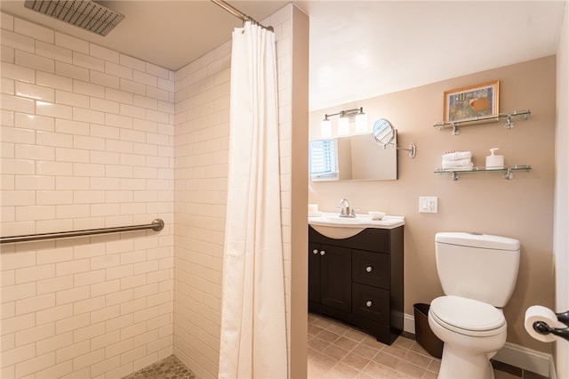 full bath featuring tiled shower, toilet, visible vents, tile patterned flooring, and vanity