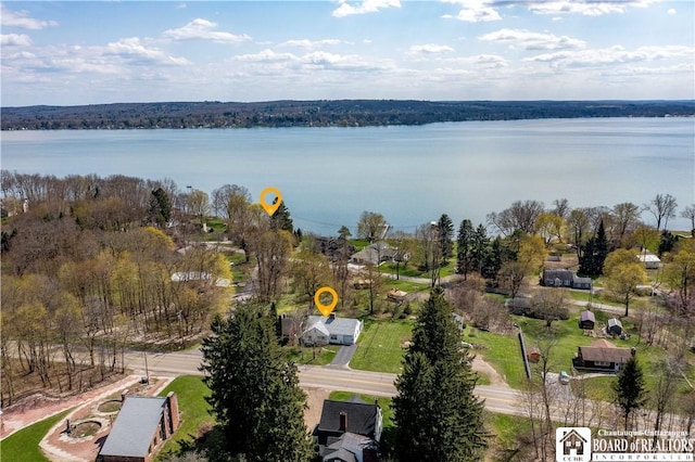 aerial view featuring a water view