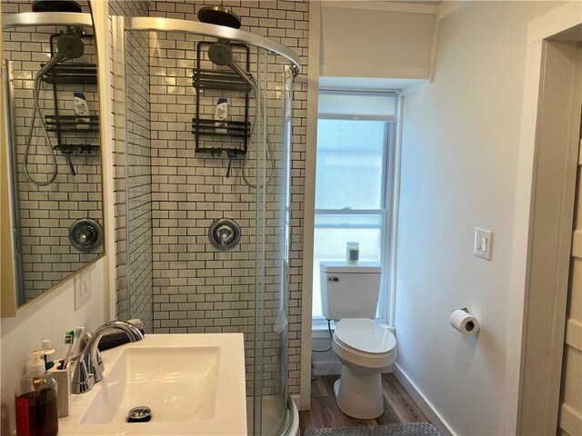 bathroom featuring a shower stall, toilet, wood finished floors, and a sink