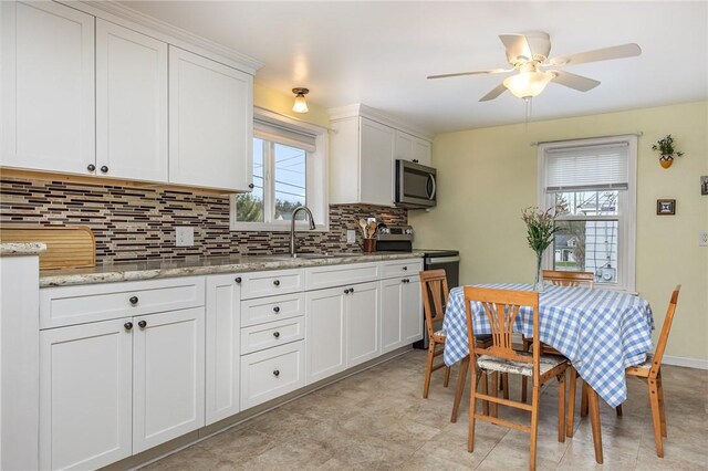 kitchen with plenty of natural light, backsplash, stainless steel appliances, and a sink
