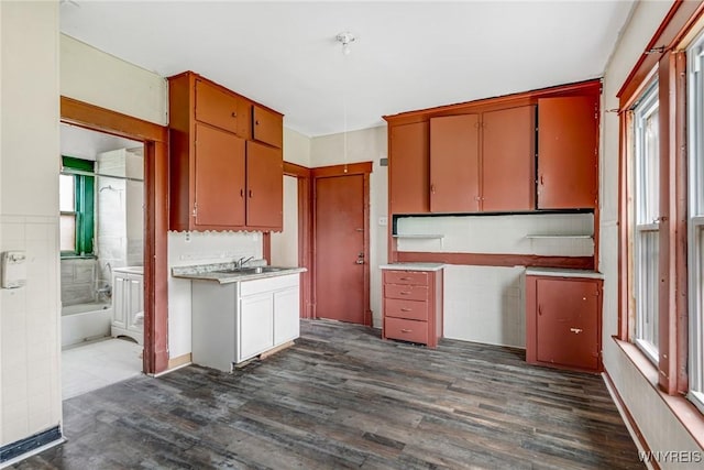 kitchen featuring light countertops, a sink, and dark wood finished floors