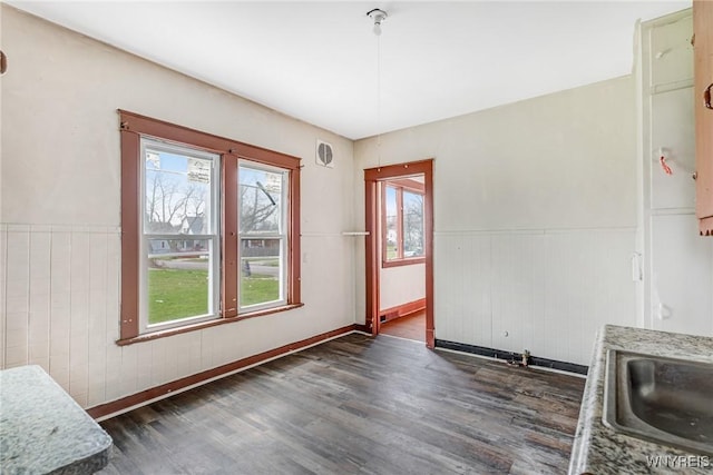unfurnished dining area with visible vents, a wainscoted wall, a sink, and dark wood-style floors