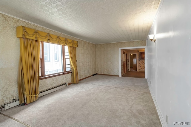 unfurnished room featuring wallpapered walls, a baseboard heating unit, light carpet, baseboards, and ornamental molding