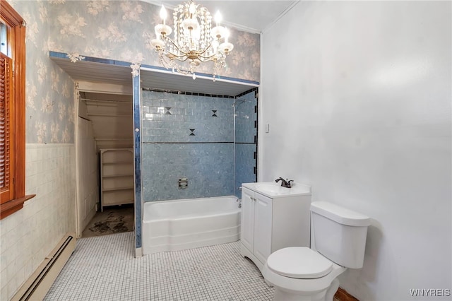 full bath with wallpapered walls, tile patterned flooring, toilet, baseboard heating, and a notable chandelier